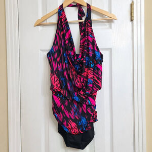 NWT Soma Swim Cowl Neck One Piece Slimming Halter Tie Strap Swimsuit Pink Size 8